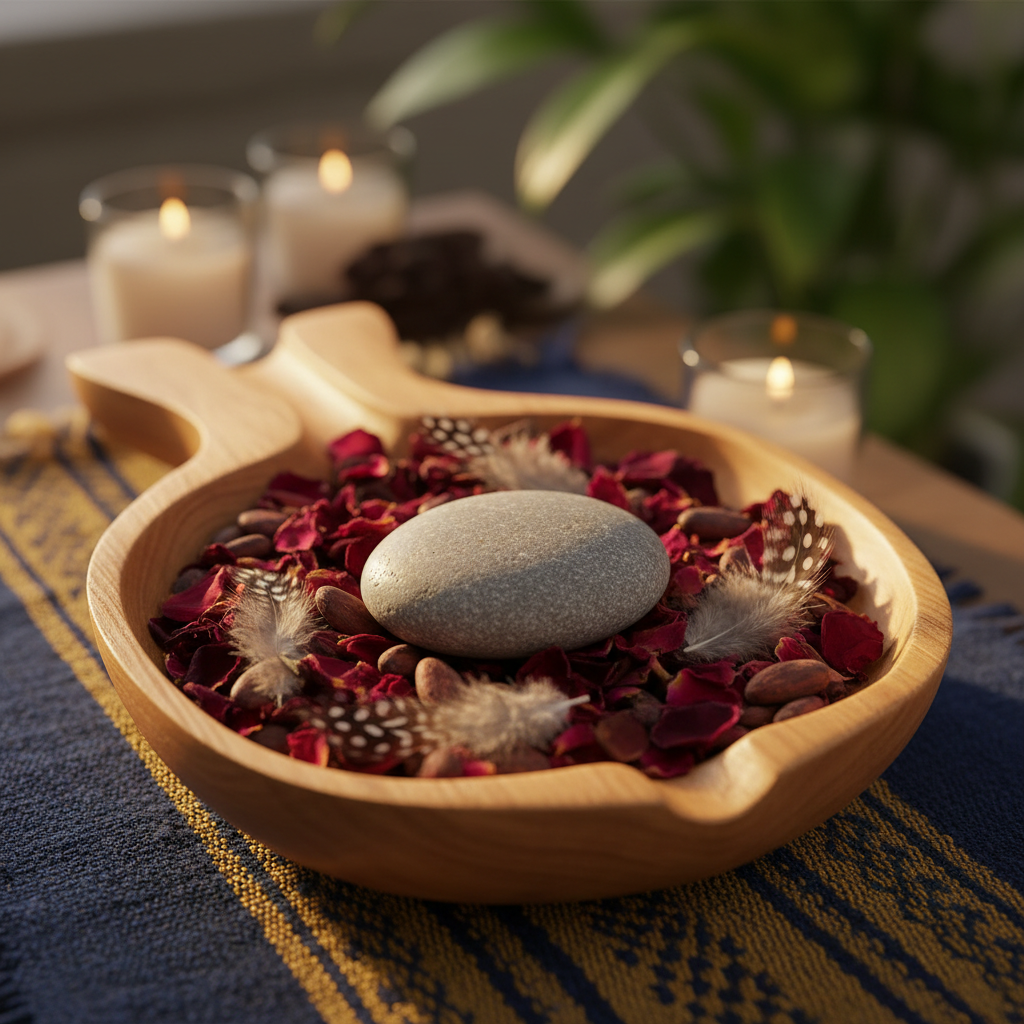 A close-up, photographic image of a smooth river stone resting atop an open palm-shaped wooden bowl filled with dried rose petals, cacao beans, and small feathers, symbolizing offerings for holistic healing. Beneath, a textured woven altar cloth in deep indigo and earthy ochre tones adds rich detail. Golden hour light streams from the side, catching the gentle sheen of the stone and casting intricate shadows from the feathers. The background softly fades into a blurred sanctuary space with candles and greenery. Captured at a slightly elevated angle with shallow depth of field, the mood is intimate, reverent, and sophisticated, evoking a sacred ritual of energetic attunement without any human presence.