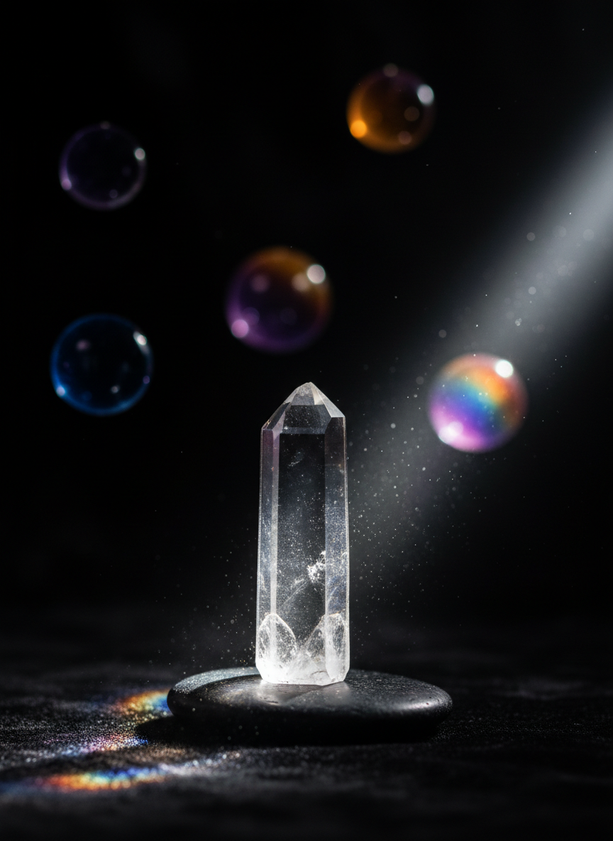 An abstract, photographic representation of energetic attunement: a dark, velvety background with softly glowing, translucent orbs of light in blues, violets, and warm golds, subtly radiating outward in concentric waves. In the foreground, a single clear quartz crystal stands on a smooth black stone, its facets catching a narrow beam of light and refracting miniature rainbows. Fine particles of dust or mist are illuminated in the beam, suggesting energy in motion. Captured with macro-style focus on the crystal, background elements falling into a soft bokeh. The mood is mystical, refined, and contemplative, visually conveying alignment with the Higher Self and subtle energy fields without any literal human or medical imagery.
