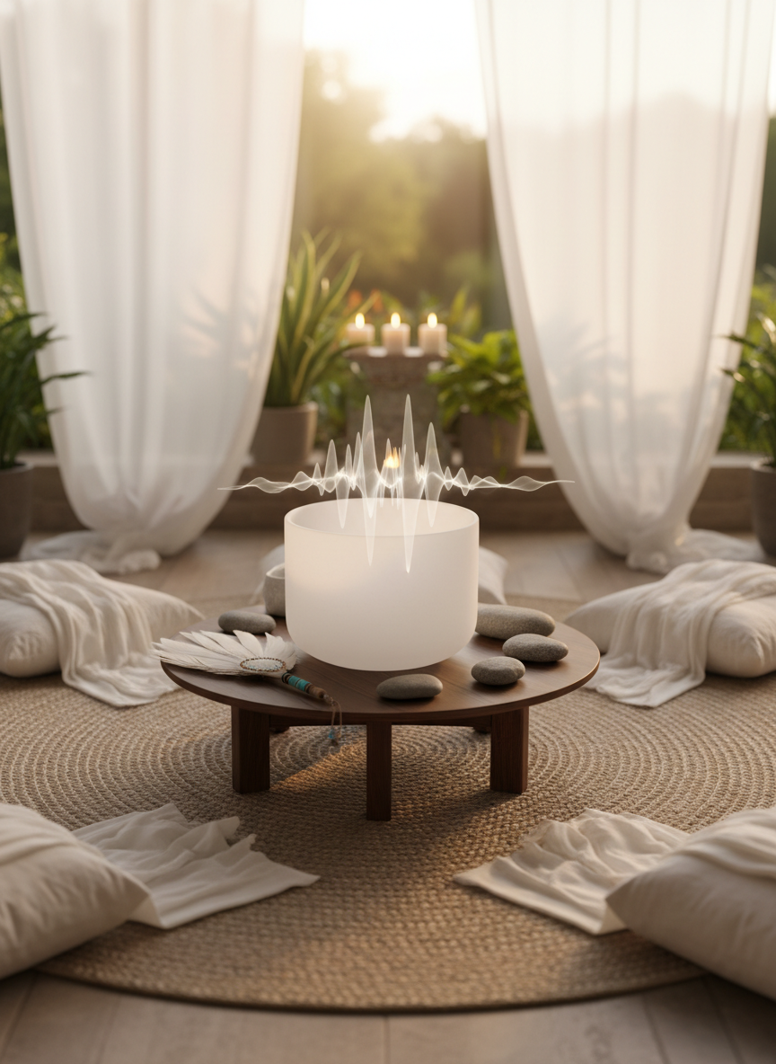 A circular altar-like arrangement in a serene sanctuary, featuring a large, polished crystal singing bowl, feather fan, and smooth river stones placed on a low dark-wood table. Soft white textiles drape over nearby cushions and a woven jute rug anchors the space. Warm, late-afternoon sunlight filters through sheer curtains, illuminating a gentle shimmer above the bowl as if sound waves were visible in the air. Photographic realism at eye level with a shallow depth of field, subtle bokeh softening the distant plants and candles. The mood is calm, sacred, and sophisticated, evoking a space for energetic attunement and sound medicine without any people present.