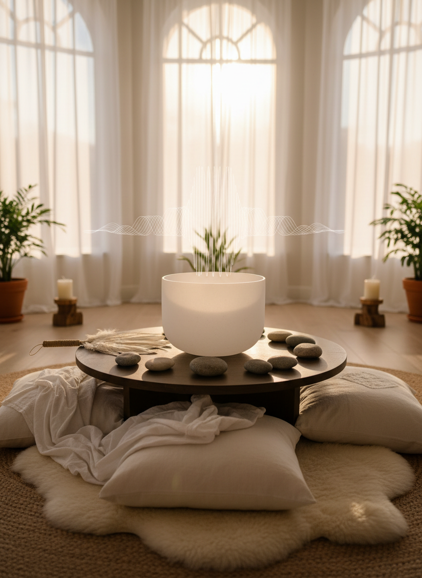 A circular altar-like arrangement in a serene sanctuary, featuring a large, polished crystal singing bowl, feather fan, and smooth river stones placed on a low dark-wood table. Soft white textiles drape over nearby cushions and a woven jute rug anchors the space. Warm, late-afternoon sunlight filters through sheer curtains, illuminating a gentle shimmer above the bowl as if sound waves were visible in the air. Photographic realism at eye level with a shallow depth of field, subtle bokeh softening the distant plants and candles. The mood is calm, sacred, and sophisticated, evoking a space for energetic attunement and sound medicine without any people present.