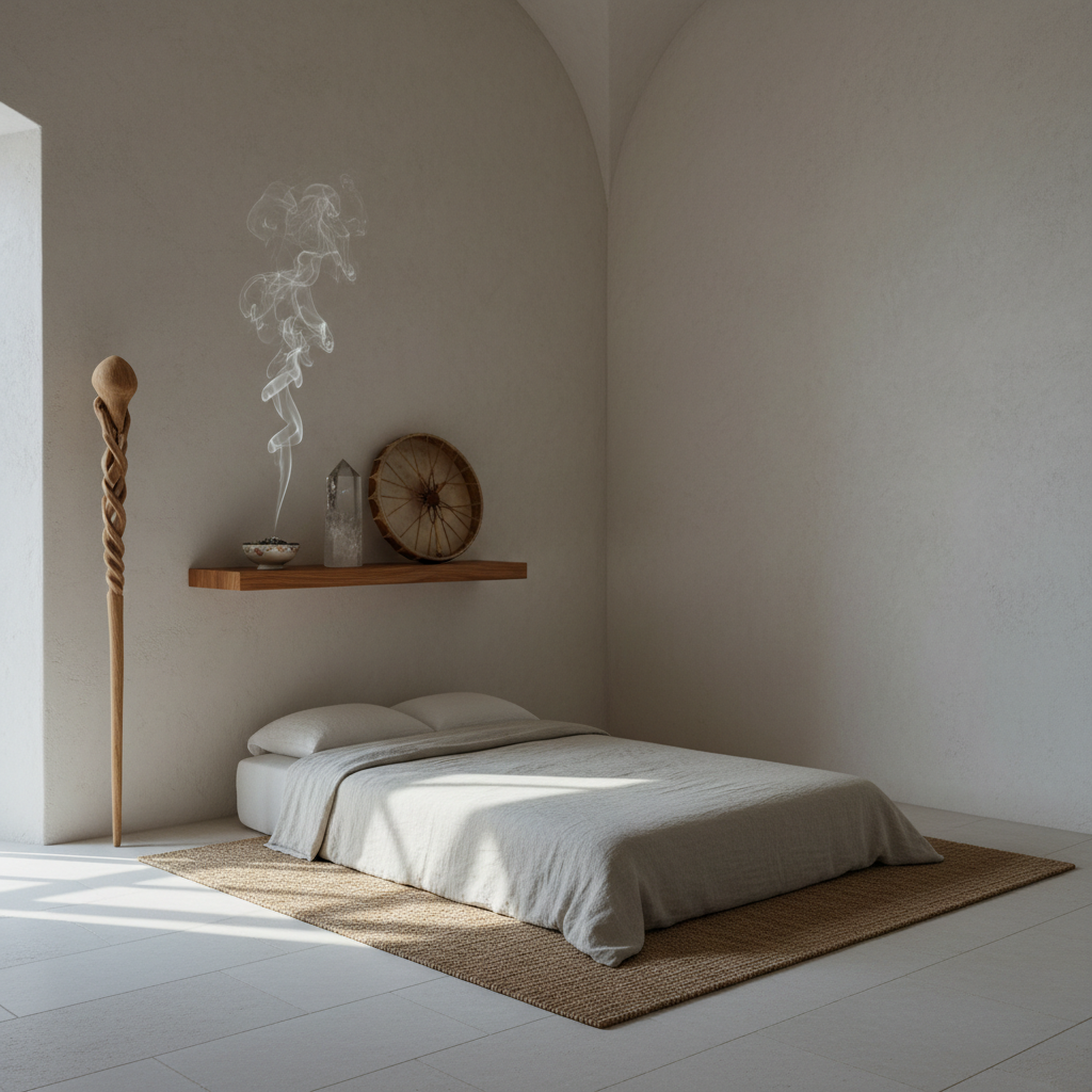 A minimalist, high-ceilinged healing room with pale clay-colored walls, a single low futon-style bed dressed in natural linen, and a carved wooden staff resting against a wall-mounted altar shelf. Delicate smoke from burning sage curls upward beside a large translucent quartz point and a hand-carved drum. Cool morning light enters from an unseen window, creating long, peaceful shadows across the floor. Photographic realism from a wide, slightly elevated angle, capturing the entire sanctuary in balanced composition. The atmosphere feels like a refined, contemporary shamanic retreat, calm and sacred, with no people, just objects arranged with intentional symmetry and spaciousness.