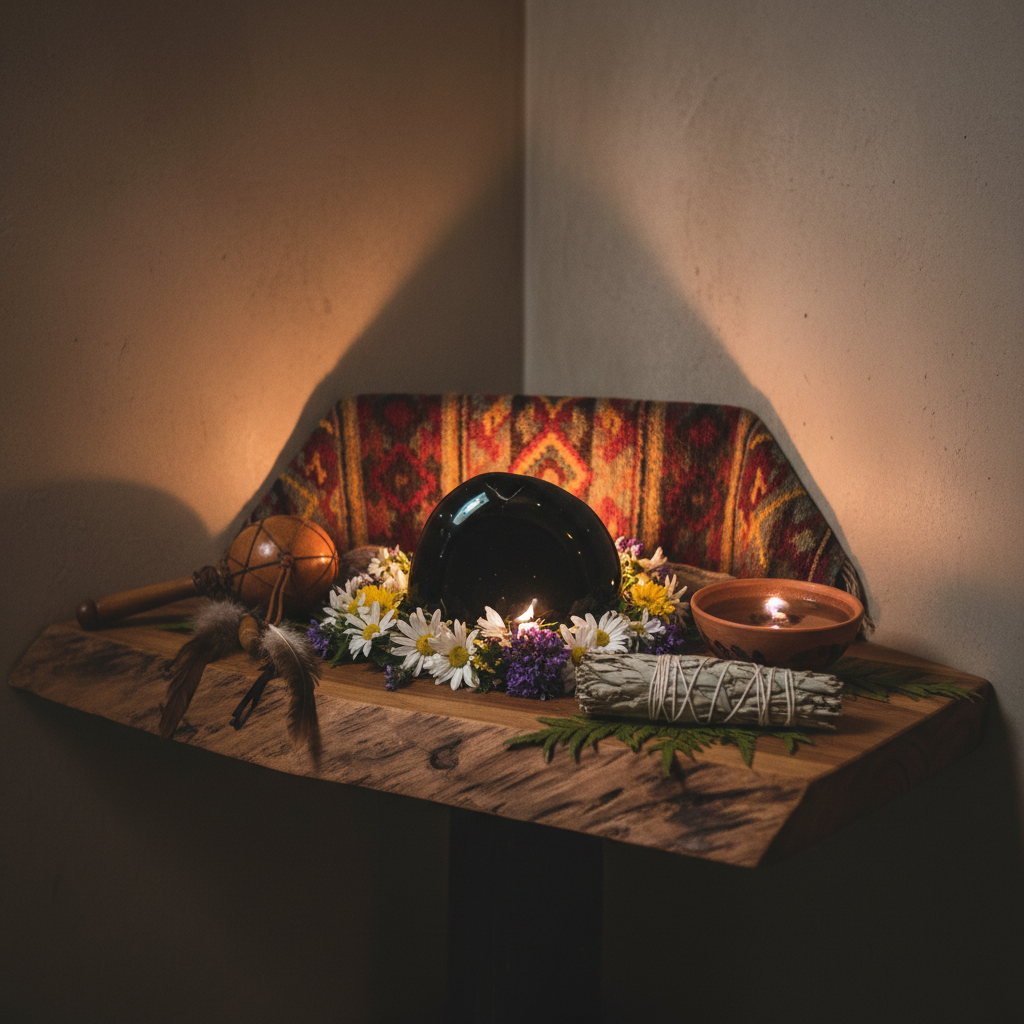 A sophisticated shamanic altar set on a natural wooden slab, featuring a ceremonial rattle, an intricately patterned textile in earthy reds and golds, and a central obsidian stone surrounded by fresh wildflowers. A small clay bowl of water reflects the soft, candlelit glow, while a braided bundle of herbs rests to the side. The setting is a dim, quiet corner of a sanctuary, walls in warm neutral tones and shadows dancing subtly. Photographic realism with dramatic, low side lighting, captured from an eye-level, three-quarter angle focusing tightly on the altar. The atmosphere is mystical, grounded, and reverent, conveying ancient shamanic practices in a contemporary, non-ornate, highly intentional space, with no people present.