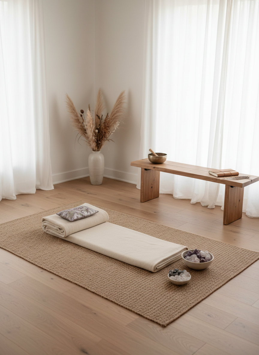 A tranquil somatic breathwork sanctuary scene: a single thick, sand-colored mat lies on smooth oak flooring, topped with a folded wool blanket, an eye pillow, and a small bowl of polished crystals. Along the wall, tall dried grasses in a ceramic vase and a low bench holding a singing bowl and journal create visual balance. Soft, diffused daylight filters through sheer, floor-length curtains, filling the room with an even, gentle glow. Photographic realism from a wide, eye-level perspective, using the rule of thirds to place the mat slightly off-center. The mood is deeply restful, safe, and sacred, implying inner journey and nervous system regulation without any clinical cues or human figures.